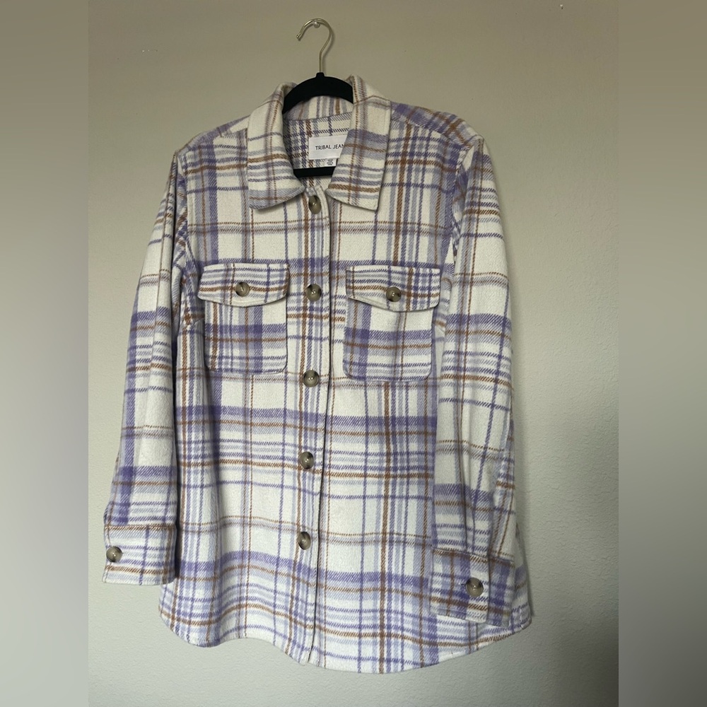 Tribal Jeans Purple Plaid Shacket with chest pockets